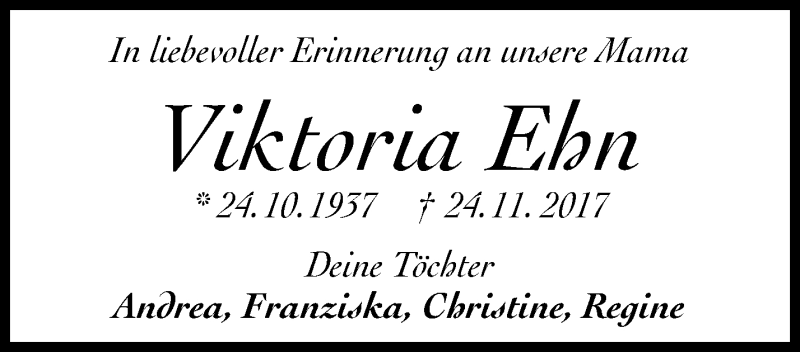  Traueranzeige für Viktoria Ehn vom 24.11.2018 aus Waiblinger Kreiszeitung
