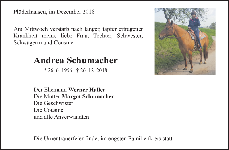  Traueranzeige für Andrea Schumacher vom 29.12.2018 aus Waiblinger Kreiszeitung