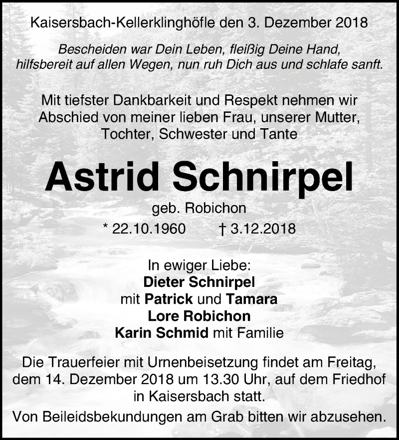  Traueranzeige für Astrid Schnirpel vom 11.12.2018 aus Waiblinger Kreiszeitung