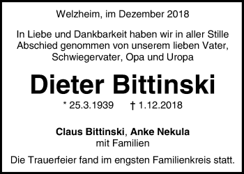 Traueranzeige von Dieter Bittinski von Waiblinger Kreiszeitung