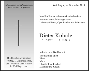 Traueranzeige von Dieter Kohnle von Waiblinger Kreiszeitung