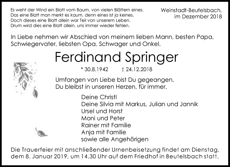  Traueranzeige für Ferdinand Springer vom 29.12.2018 aus Waiblinger Kreiszeitung