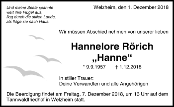 Traueranzeige von Hannelore Rörich von Waiblinger Kreiszeitung