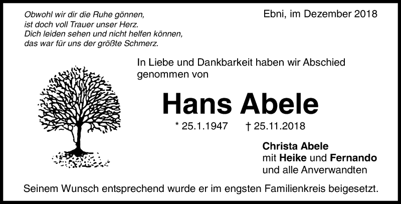  Traueranzeige für Hans Abele vom 07.12.2018 aus Waiblinger Kreiszeitung