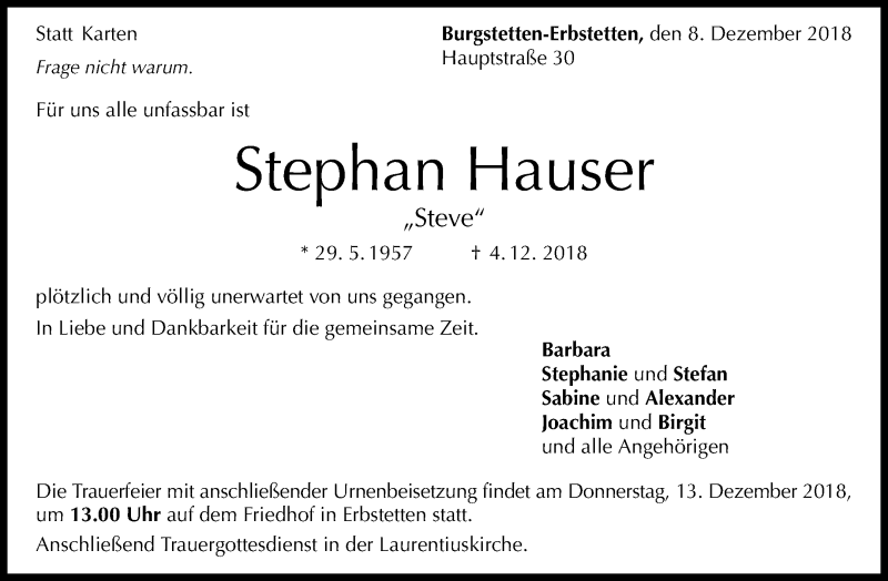  Traueranzeige für Stephan Hauser vom 08.12.2018 aus Waiblinger Kreiszeitung