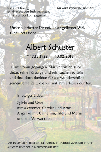 Traueranzeige von Albert Schuster von Waiblinger Kreiszeitung