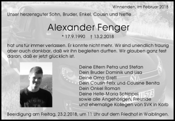 Traueranzeige von Alexander Fenger von Waiblinger Kreiszeitung