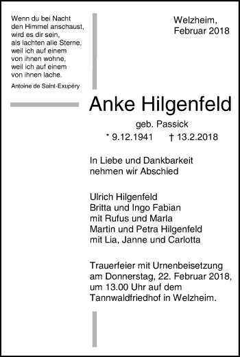 Traueranzeige von Anke Hilgenfeld von Waiblinger Kreiszeitung