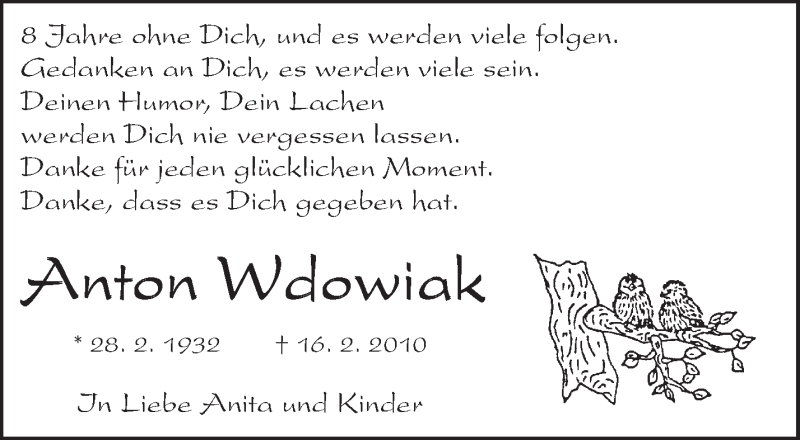  Traueranzeige für Anton Wdowiak vom 16.02.2018 aus Waiblinger Kreiszeitung