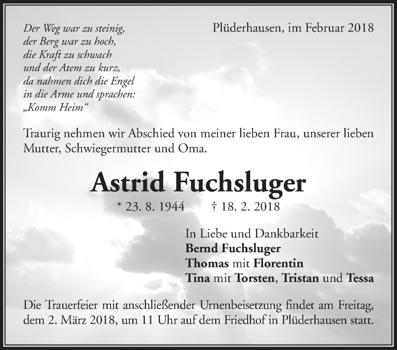  Traueranzeige für Astrid Fuchsluger vom 24.02.2018 aus Waiblinger Kreiszeitung