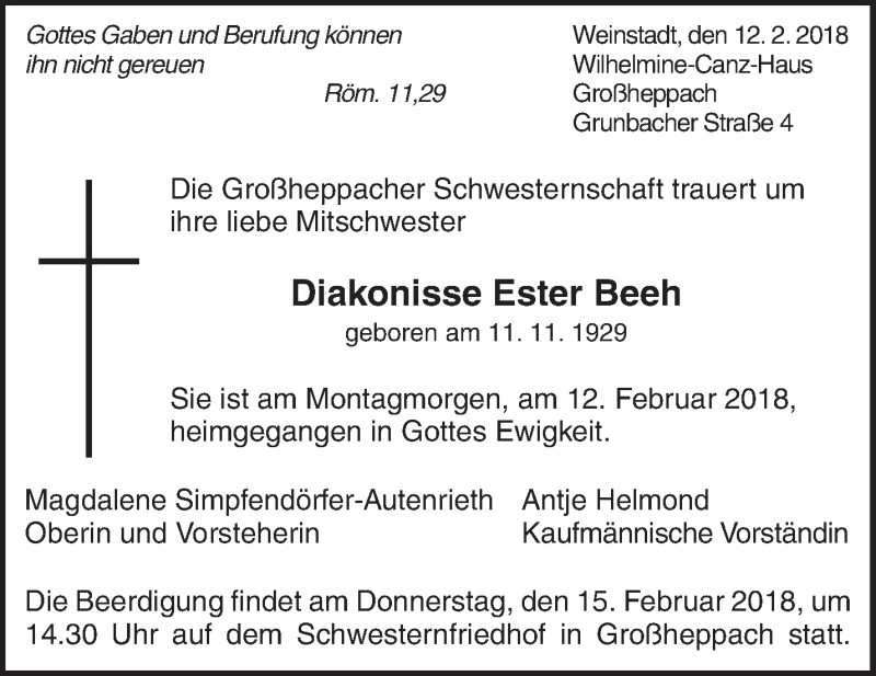  Traueranzeige für Diakonisse Ester Beeh vom 13.02.2018 aus Waiblinger Kreiszeitung