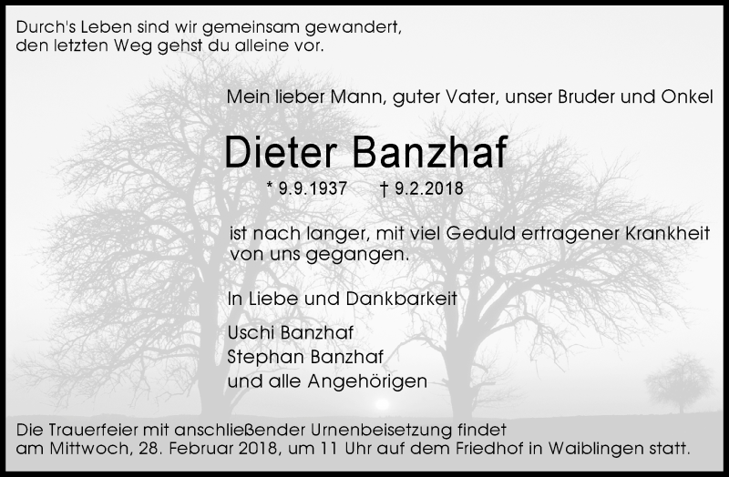  Traueranzeige für Dieter Banzhaf vom 24.02.2018 aus Waiblinger Kreiszeitung