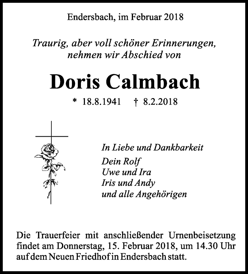  Traueranzeige für Doris Calmbach vom 12.02.2018 aus Waiblinger Kreiszeitung