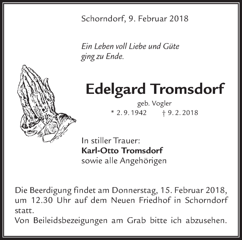  Traueranzeige für Edelgard Tromsdorf vom 13.02.2018 aus Waiblinger Kreiszeitung