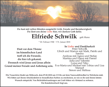 Traueranzeige von Elfriede Schwilk von Waiblinger Kreiszeitung