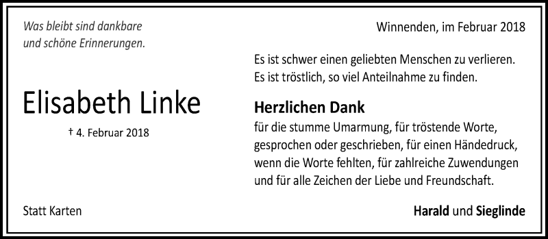  Traueranzeige für Elisabeth Linke vom 24.02.2018 aus Waiblinger Kreiszeitung
