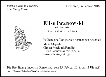 Traueranzeige von Elise Iwanowski von Waiblinger Kreiszeitung