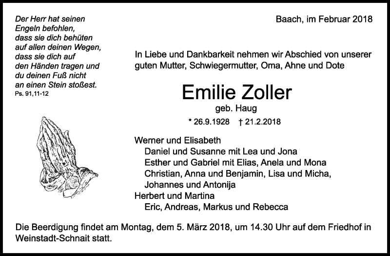  Traueranzeige für Emilie Zoller vom 27.02.2018 aus Waiblinger Kreiszeitung