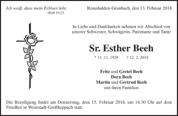 Traueranzeige von Esther Beeh von Waiblinger Kreiszeitung