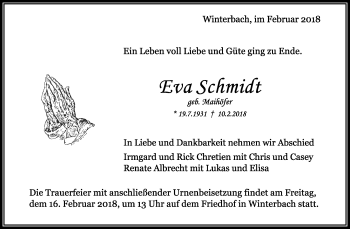 Traueranzeige von Eva Schmidt von Waiblinger Kreiszeitung