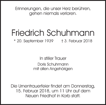 Traueranzeige von Friedrich Schuhmann von Waiblinger Kreiszeitung