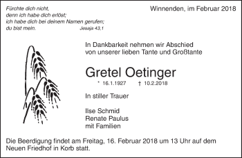 Traueranzeige von Gretel Oetinger von Waiblinger Kreiszeitung