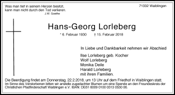Traueranzeige von Hans-Georg Lorleberg von Waiblinger Kreiszeitung
