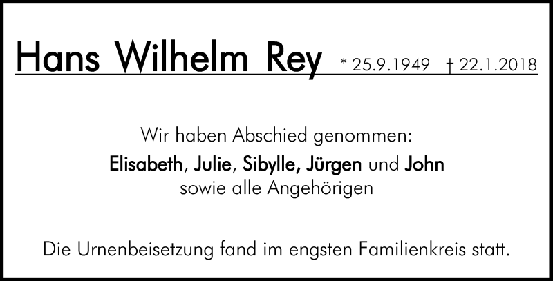  Traueranzeige für Hans Wilhelm Rey vom 06.02.2018 aus Waiblinger Kreiszeitung
