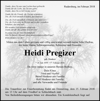 Traueranzeige von Heidi Pregizer von Waiblinger Kreiszeitung