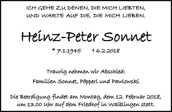 Traueranzeige von Heinz-Peter Sonnet von Waiblinger Kreiszeitung