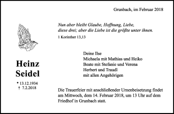 Traueranzeige von Heinz Seidel von Waiblinger Kreiszeitung