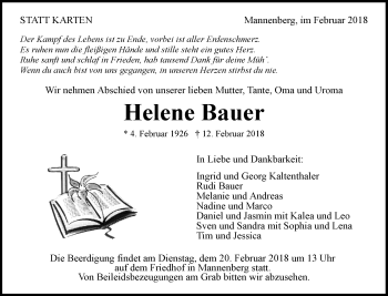 Traueranzeige von Helene Bauer von Waiblinger Kreiszeitung