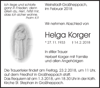 Traueranzeige von Helga Korger von Waiblinger Kreiszeitung