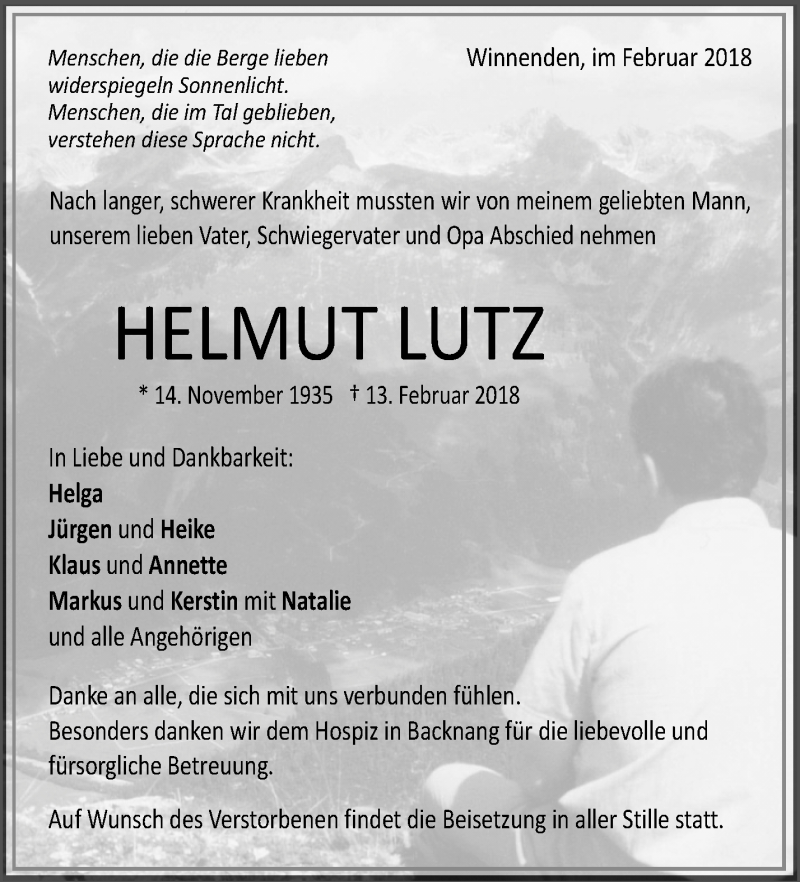  Traueranzeige für Helmut Lutz vom 28.02.2018 aus Waiblinger Kreiszeitung