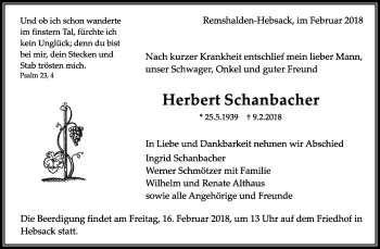Traueranzeige von Herbert Schanbacher von Waiblinger Kreiszeitung