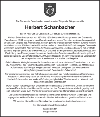 Traueranzeige von Herbert Schanbacher von Waiblinger Kreiszeitung