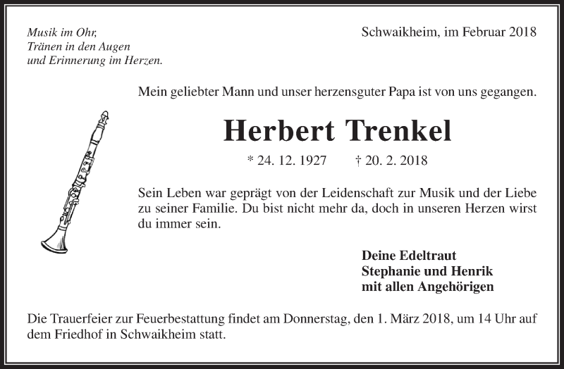  Traueranzeige für Herbert Trenkel vom 24.02.2018 aus Waiblinger Kreiszeitung