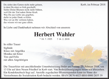Traueranzeige von Herbert Wahler von Waiblinger Kreiszeitung
