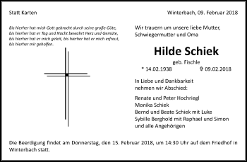 Traueranzeige von Hilde Schiek von Waiblinger Kreiszeitung