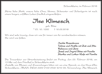 Traueranzeige von Ilse Klimesch von Waiblinger Kreiszeitung