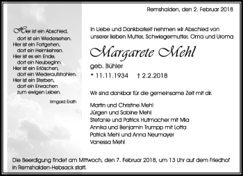 Traueranzeige von Margarete Mehl von Waiblinger Kreiszeitung