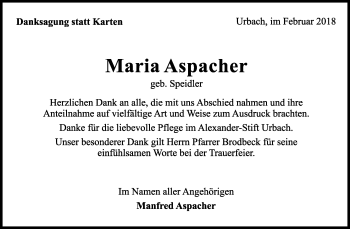 Traueranzeige von Maria Aspacher von Waiblinger Kreiszeitung