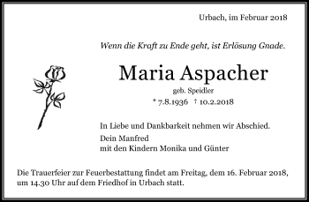 Traueranzeige von Maria Aspacher von Waiblinger Kreiszeitung