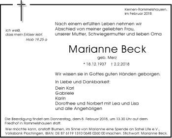 Traueranzeige von Marianne Beck von Waiblinger Kreiszeitung