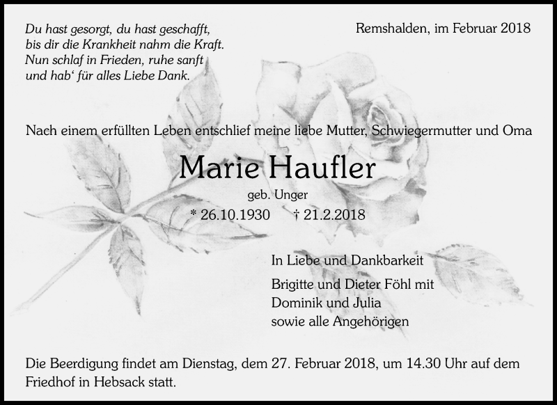  Traueranzeige für Marie Haufler vom 24.02.2018 aus Waiblinger Kreiszeitung