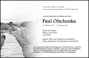 Traueranzeige von Paul Ofschenka von Waiblinger Kreiszeitung