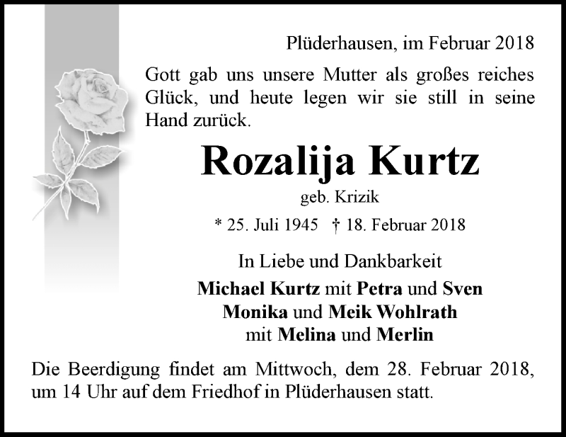  Traueranzeige für Rozalija Kurtz vom 24.02.2018 aus Waiblinger Kreiszeitung