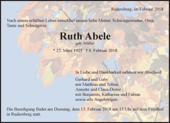 Traueranzeige von Ruth Abele von Waiblinger Kreiszeitung