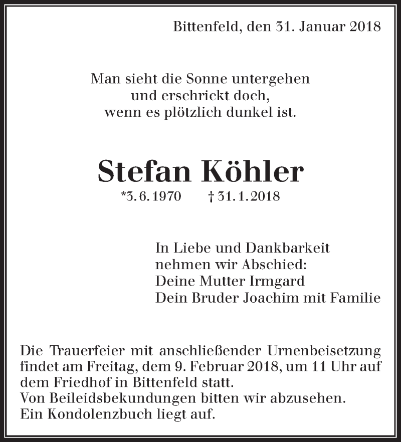  Traueranzeige für Stefan Köhler vom 07.02.2018 aus Waiblinger Kreiszeitung