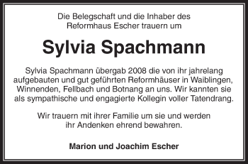 Traueranzeige von Sylvia Spachmann von Waiblinger Kreiszeitung